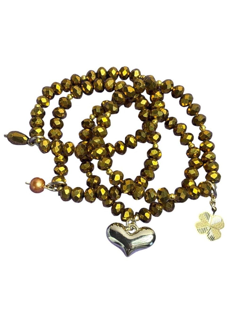 Set of 4 Goldtone Beaded Stretchy Bracelets Faceted 6.5 inches Heart Clover - Picture 2 of 2